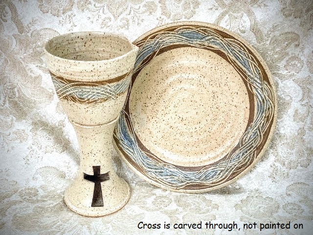 photo of spirit pottery Stoneware Communion pottery pouring chalice tipping chalice and plate paten in Spirit glaze made by Debra Ocepek of Ocepek Pottery